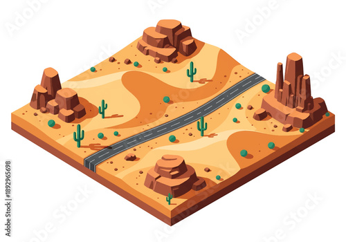 Isometric 3D view illustration of a desert landscape with sand dunes, rocks, sparse vegetation, and a long road, clean vector scenery for travel and environment concepts