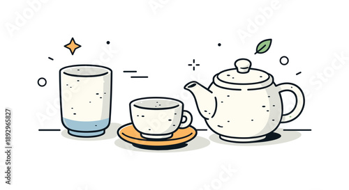 Minimalist Stoneware Tea Cups. Stoneware tea cups. A set of handmade stoneware tea cups arranged calmly on a table, subtle texture and natural imperfections