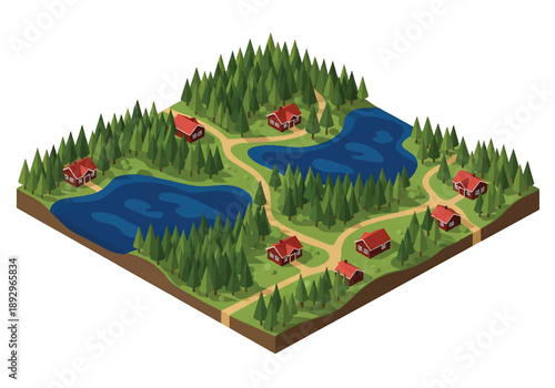 Isometric 3D view illustration of a Nordic landscape with lakes, forests, wooden houses, and winding roads, minimalist vector scenery for nature and travel backgrounds