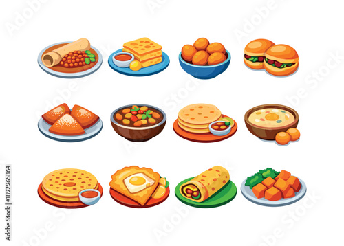 African Breakfast Icons. African breakfasts. Colorful flat vector icons set of African breakfasts: Ethiopian injera with lentils, Moroccan msemen, Nigerian