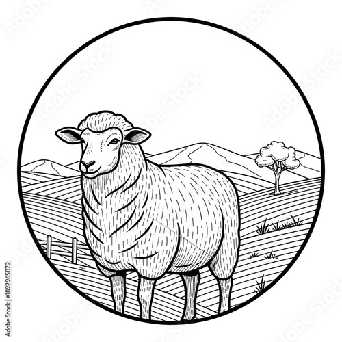 A woolly sheep stands in a field within a circular frame with rolling hills. Isolated transparent background ( include cut-out PNG file )
