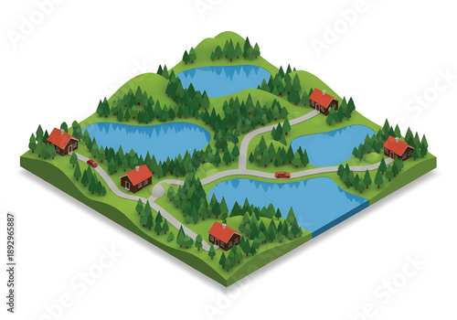 Isometric 3D view illustration of a Nordic landscape with lakes, forests, wooden houses, and winding roads, minimalist vector scenery for nature and travel backgrounds