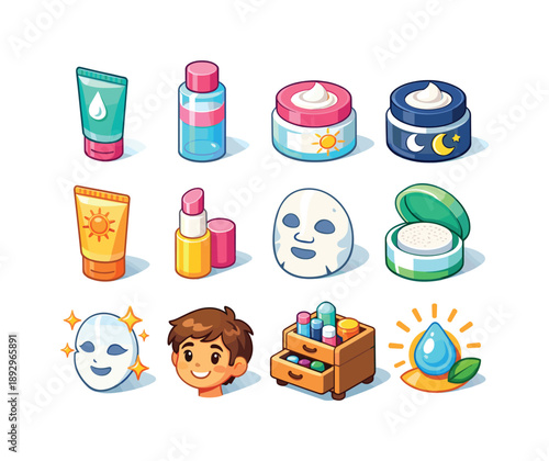 Healthy Skin Essentials. Healthy skin essentials. Colorful isometric vector icons set of Healthy skin essentials: cleanser tube, toner bottle, day cream, night