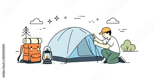 Camping Setup Illustration. Camping and outdoor setup. A person calmly setting up a tent with a backpack and lantern nearby. Peaceful outdoor preparation,