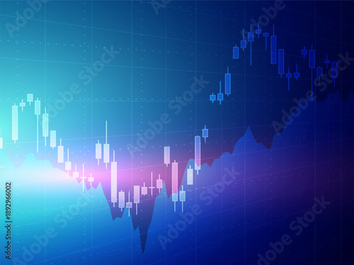 Professional blue financial trading background featuring glowing candlestick charts and market growth data with a digital grid and light flares