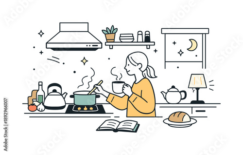 Evening Kitchen Serenity. Kitchen lifestyle. An evening kitchen scene with soft light, a pot on the stove, and a relaxed home atmosphere. Calm domestic rhythm