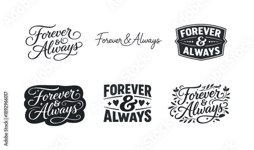 Romantic Lettering Styles. Romantic Casual Tee Lettering. Set lettering. harmonious lettering variations of the same emblematic concept, each with different