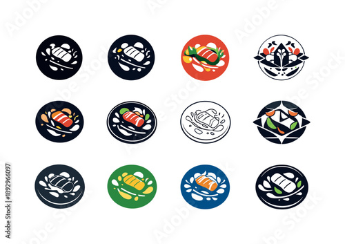 Dish Plating Icons. Dish plating. Icon set. Set Logo of Dish plating: chef-style round plate composition. harmonious logo variations of the same emblematic