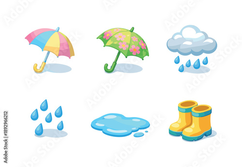 Spring Rain Icons. Spring Rain and Umbrella Sets. Isometric flat vector icons set of Spring Rain and Umbrella Sets: pastel umbrella, floral umbrella, light