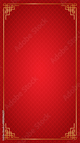 Traditional vertical red background featuring a gold oriental frame and subtle scale pattern for Chinese New Year or lunar spring festival celebrations