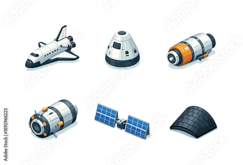 Colorful Spacecraft Icons. Spacecraft. Isometric flat vector icons set of spacecraft: space shuttle, crew capsule, cargo spacecraft, docking module, solar