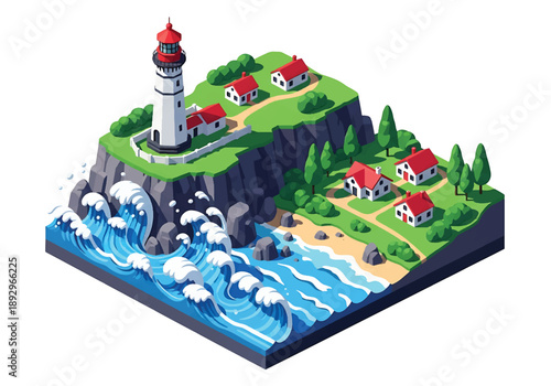 Isometric 3D view illustration of a coastal cliff landscape with lighthouse, waves, rocky shore, and houses, modern vector scenery for nautical and travel design