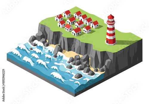 Isometric 3D view illustration of a coastal cliff landscape with lighthouse, waves, rocky shore, and houses, modern vector scenery for nautical and travel design