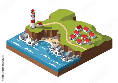 Isometric 3D view illustration of a coastal cliff landscape with lighthouse, waves, rocky shore, and houses, modern vector scenery for nautical and travel design