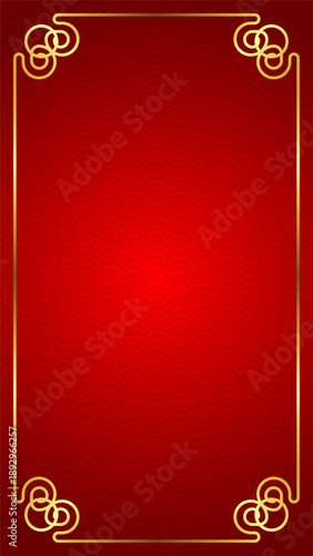 Luxury red and gold chinese new year vertical background or portrait orientation banner with gold frame border and oriental wave pattern for social media stories or greeting cards