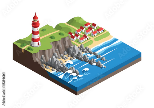 Isometric 3D view illustration of a coastal cliff landscape with lighthouse, waves, rocky shore, and houses, modern vector scenery for nautical and travel design