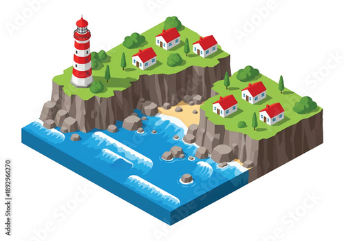 Isometric 3D view illustration of a coastal cliff landscape with lighthouse, waves, rocky shore, and houses, modern vector scenery for nautical and travel design