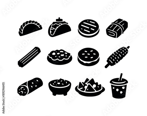 Latin Street Food Icons. Latin street food. Solid icon set of Latin street food: empanada, taco al pastor, arepa, tamale, churro stick, tostada, pupusa, elote