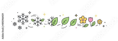 Seasonal Transformation. Seasonal balance. Icons of snowflakes gently transforming into leaves and flowers across the scene. Abstract and calm representation