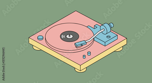 Retro Turntable Playing Vinyl Record Isometric Illustration.