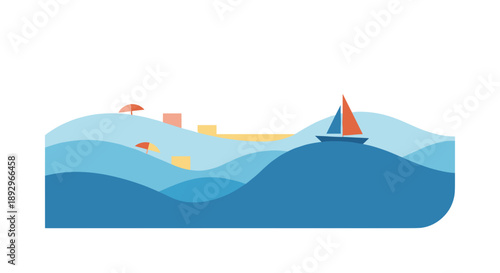 Sailboat on Wavy Ocean with Distant Beach Scene.