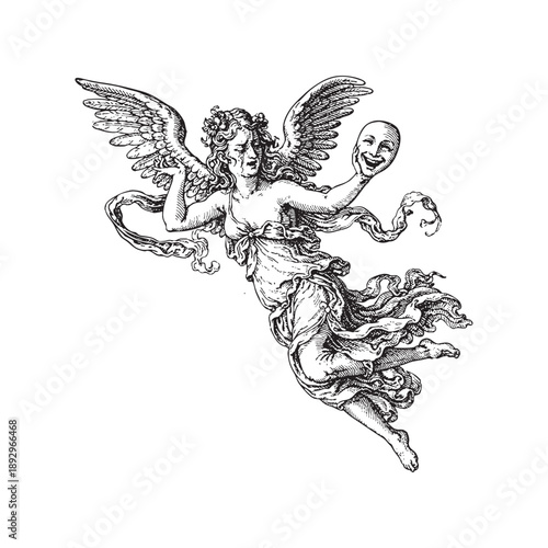 Vintage Engraving Style Muses of Drama Illustration with Comedy and Tragedy Masks