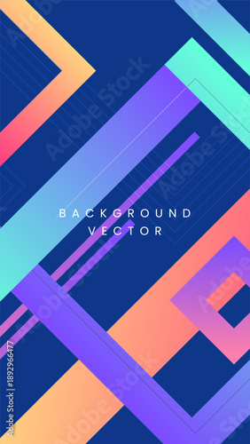 Abstract vertical background or social media story template with colorful diagonal stripes and vibrant geometric square shapes on a dark blue base