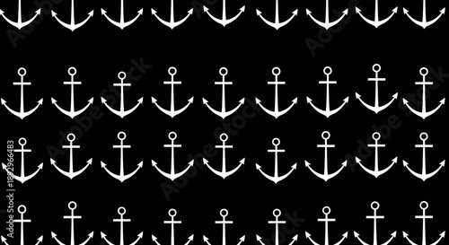Seamless Pattern of White Anchors on Black Background.