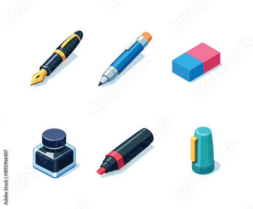Colorful Writing Tools. Writing tools. Isometric flat vector icons set of writing tools: fountain pen, mechanical pencil, eraser block, ink bottle, marker pen,