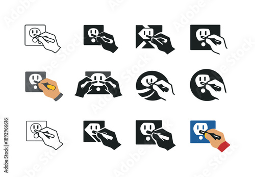 Electrical Outlet Logos. Fixing electrical outlet. Icon set. Set Logo of Fixing electrical outlet: electrician hand repairing wall socket. harmonious logo