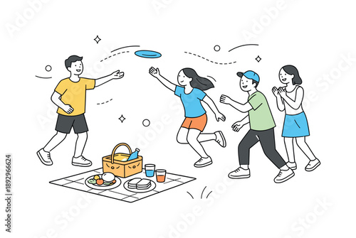 Frisbee Fun Outdoors. Picnic games. Friends playing frisbee or a simple outdoor game near the picnic area, subtle abstract motion lines floating around. Calm