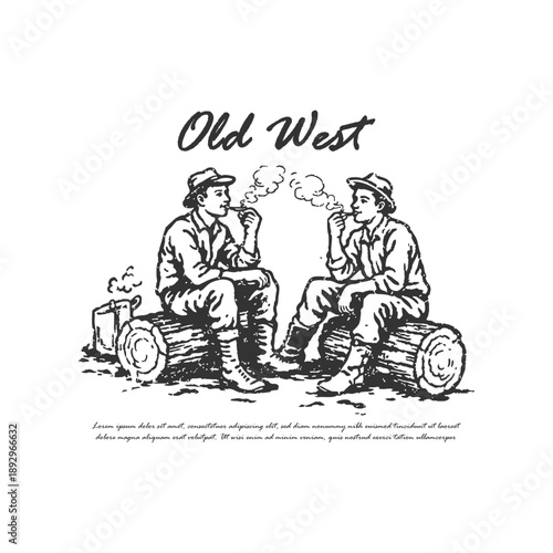 Vintage Retro Wander Coffee Illustration with Men Smoking Pipes on Logs at a Campfire
