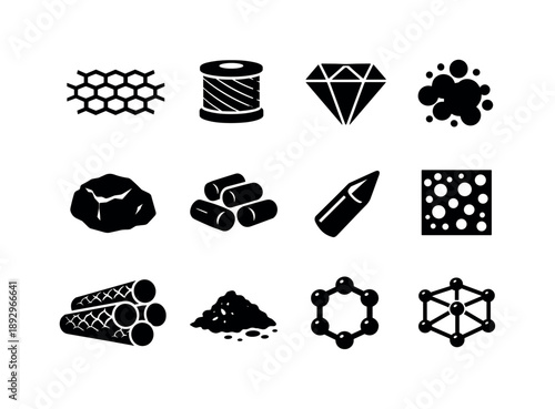 Carbon Elements Icons. Carbon materials. Solid icon set of carbon materials: graphene sheet, carbon fiber strand, diamond crystal, soot particle,