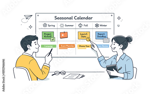 Seasonal Planning Collaboration. Seasonal calendar templates. Two people discussing plans using a shared seasonal calendar, friendly collaboration and clear