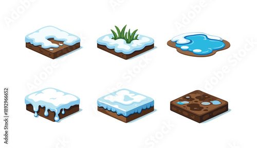 Snow Melt Icons. Snow melt. Isometric flat vector icons set of snow melt: thinning snow cover, grass tips emerging, water puddle melt, dripping snow edge,
