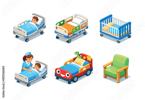 Pediatric Care Icons. Pediatric care. Isometric flat vector icons set of Pediatric care: child patient hospital bed, pediatric adjustable bed, hospital crib