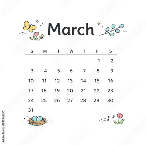 Minimalist March Design. March calendar page design. Minimal monthly layout with clear typography and a few gentle seasonal accents hinting at spring. Plenty