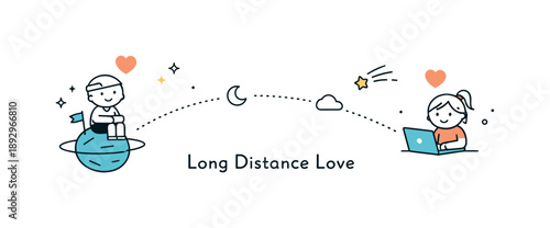 Distant Connection. Long-distance love poster. Two small figures or symbols connected by a thin line or dotted path. Feeling of connection across space,