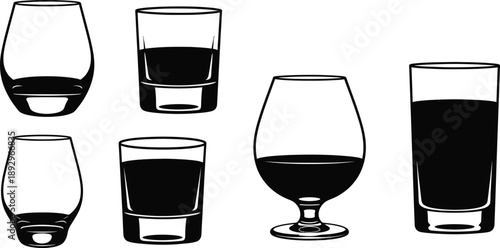 Silhouette vector set of 6 whiskey glassware types glencairn glass tumbler snifter copita and highball glass