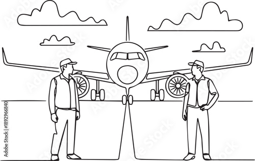 Two men inspecting an airplane on the tarmac with cloudy sky