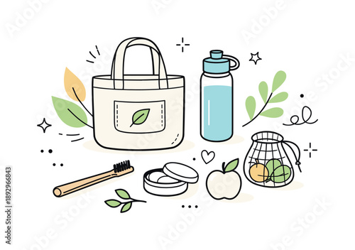 Sustainable Living Essentials. Eco lifestyle visuals. Clean editorial illustration showing reusable items like tote bag, bamboo toothbrush, and water bottle,