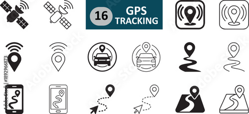 GPS tracking icon set with bold and outline navigation symbols.