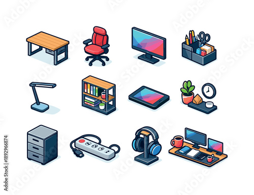Modern Study Icons. Modern Study Room. Colorful isometric vector icons set of Modern Study Room: sleek desk, swivel chair, large monitor, desk organizer, LED