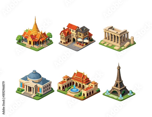Cultural Tourism Icons. Cultural travel tourism. Isometric flat vector icons set of Cultural travel tourism: traditional temple complex, historic old town