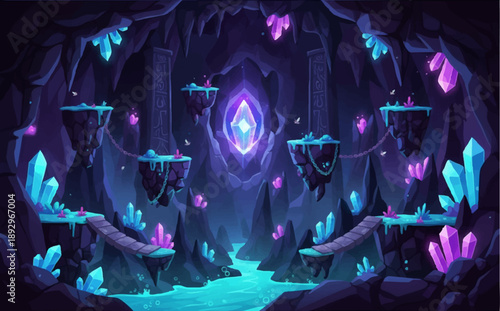 2 Fantasy Floating Islands Game Background with Magical Crystals