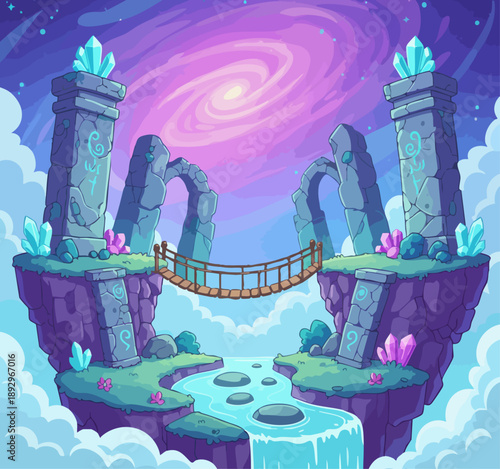 5 Fantasy Moonlit Floating Islands Game Background with Clouds and Crystals