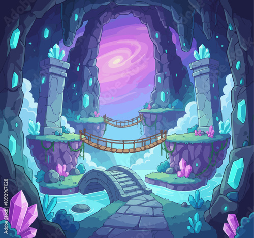 6 Fantasy Moonlit Floating Islands Game Background with Clouds and Crystals