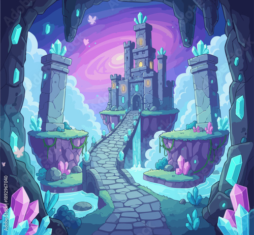 7 Fantasy Moonlit Floating Islands Game Background with Clouds and Crystals