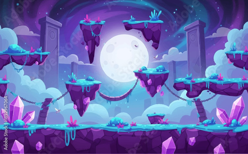 Fantasy Floating Islands Game Background with Magical Crystals