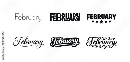 Minimal February Word Badges. Minimal February Word Badges. Set lettering. harmonious lettering variations of the same emblematic concept, each with different